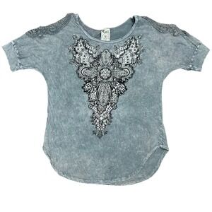 Vocal USA Embellished T-shirt Bedazzled Cross Women's XL Gray Acid Wash Punk Emo